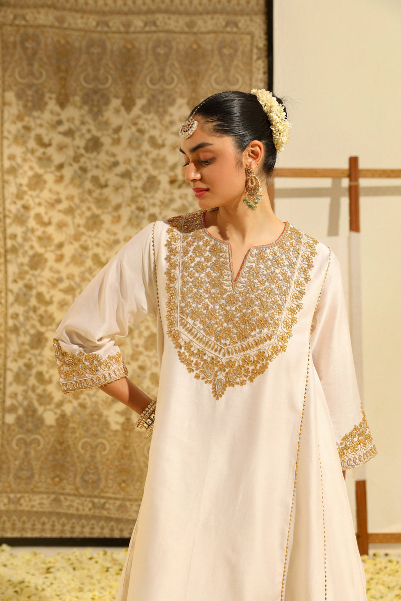 Shaheen - Daisy Ivory Hand Embroidered Short Choga with Salwar