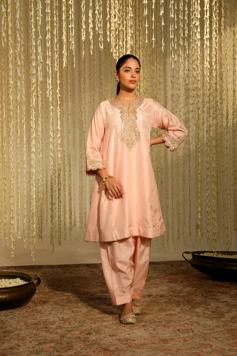 MEHNAAZ - ROSEPINK KALIDAAR SHORT KURTA WITH SALWAR