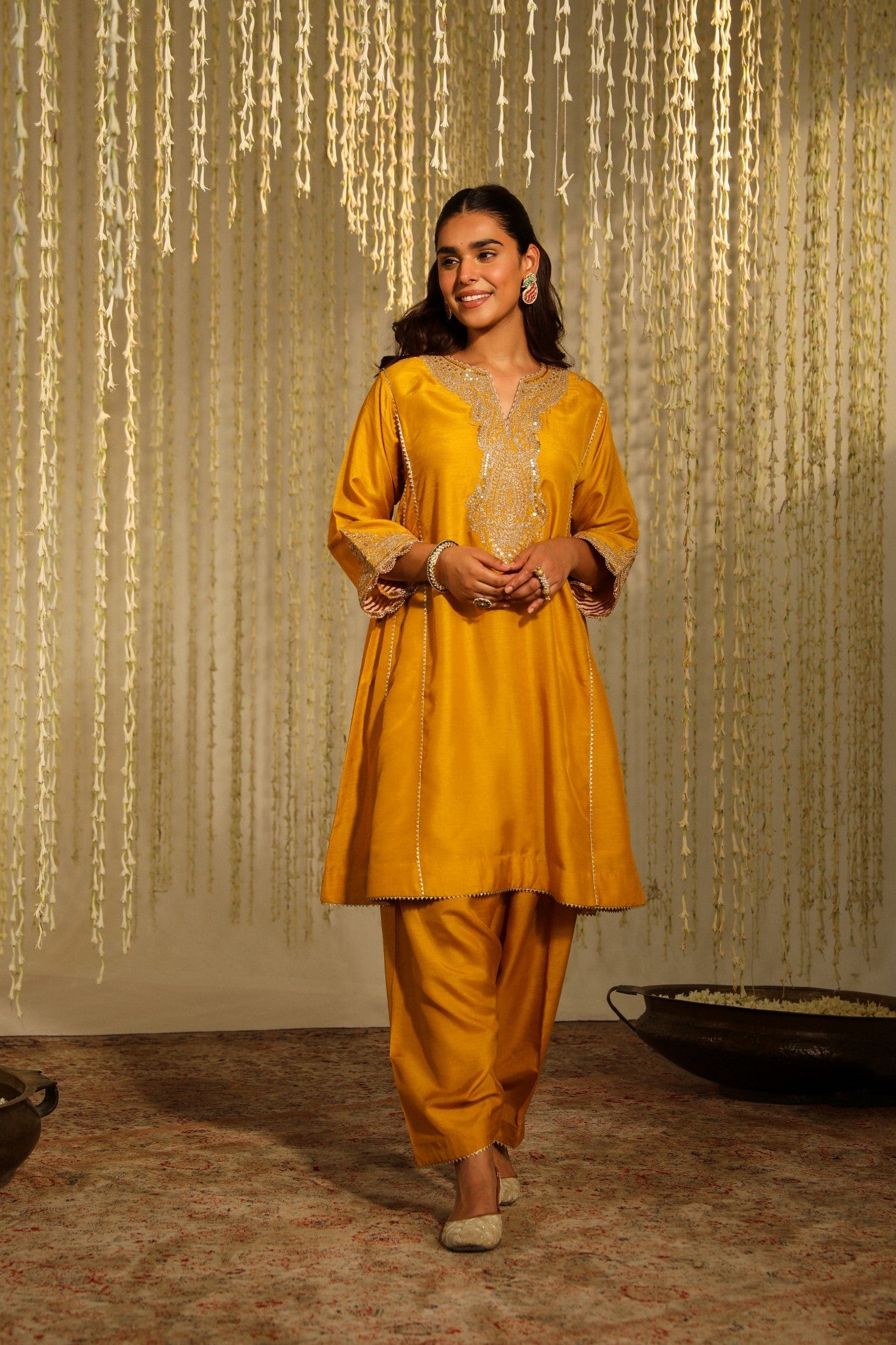 MEHNAAZ - GLAZE MUSTARD  KALIDAAR SHORT KURTA WITH SALWAR (RTS)