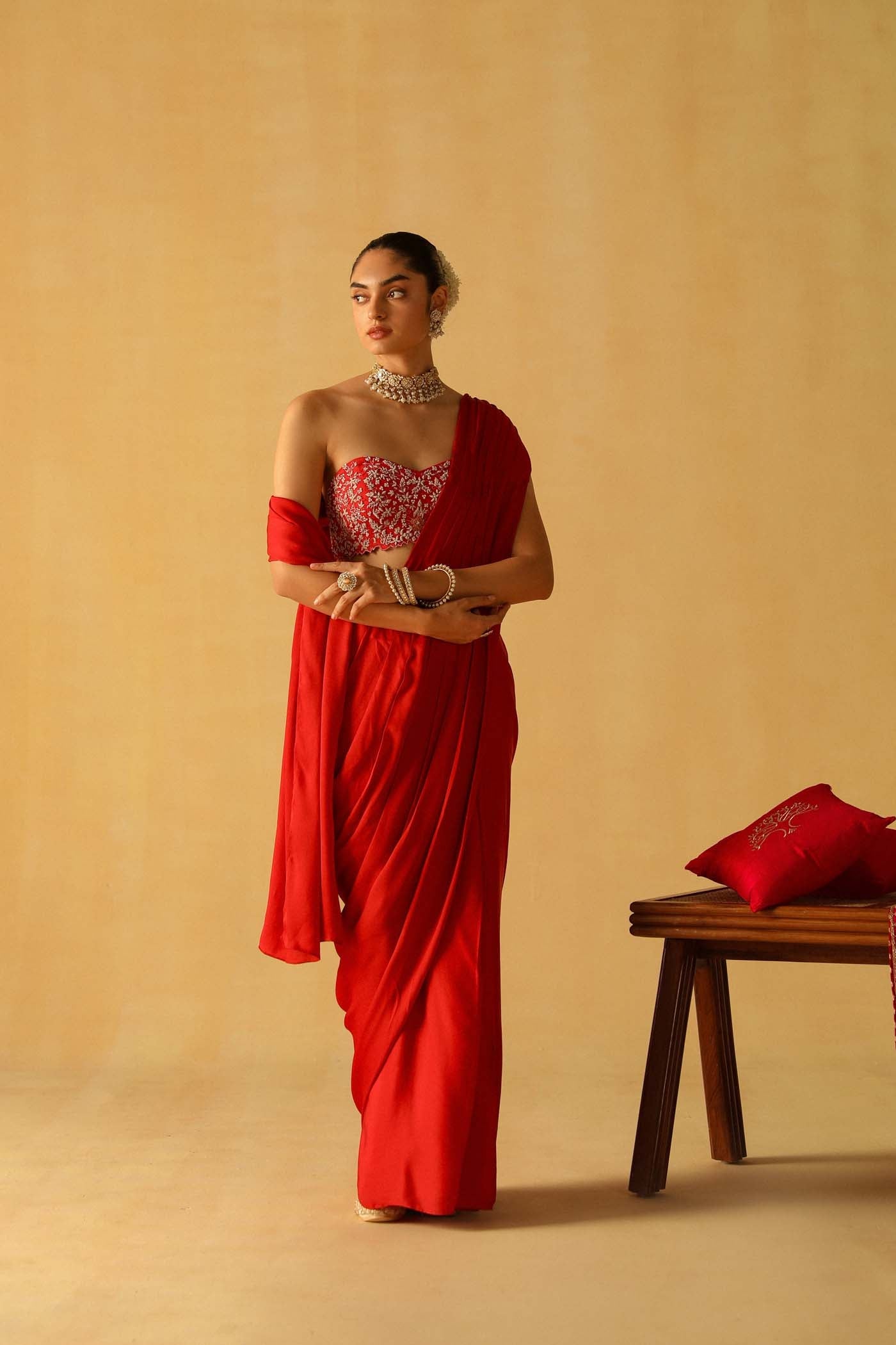 Rumaan - Deep Red Drape Saree Set (Lxrts)