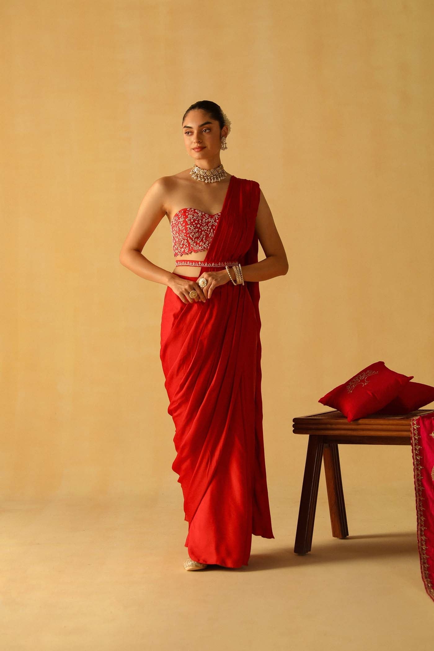Rumaan - Deep Red Drape Saree Set (Lxrts)