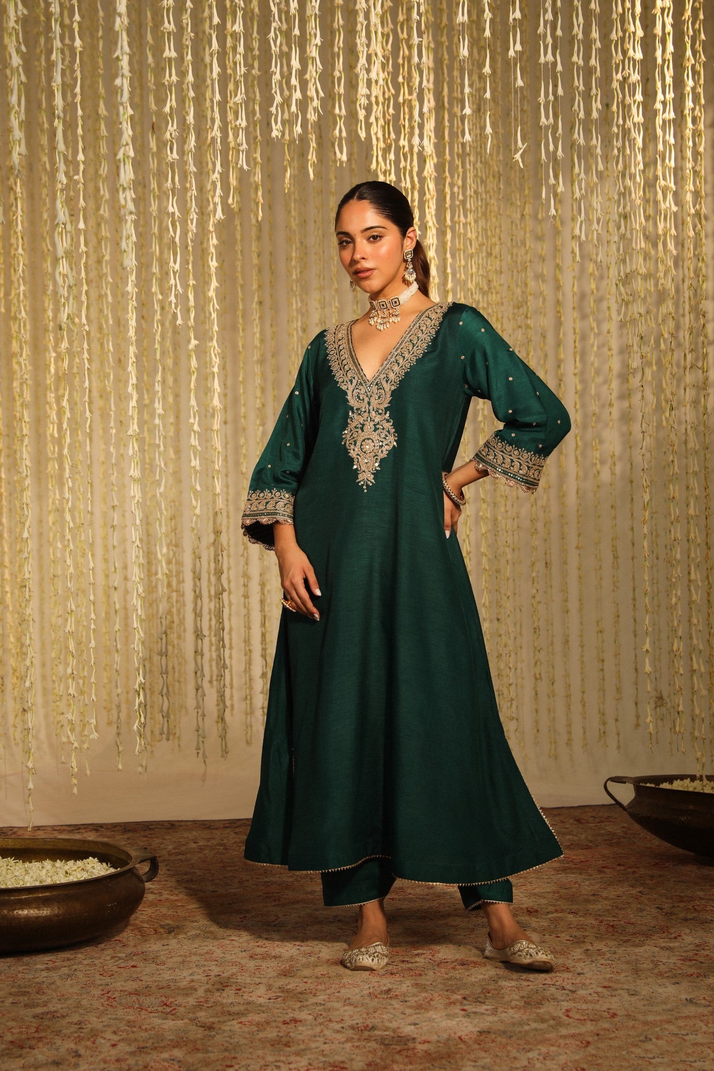 MYSHA - EMERALD GREEN LONG CHOGA WITH SALWAR MYSHA - EMERALD GREEN LONG CHOGA WITH SALWAR