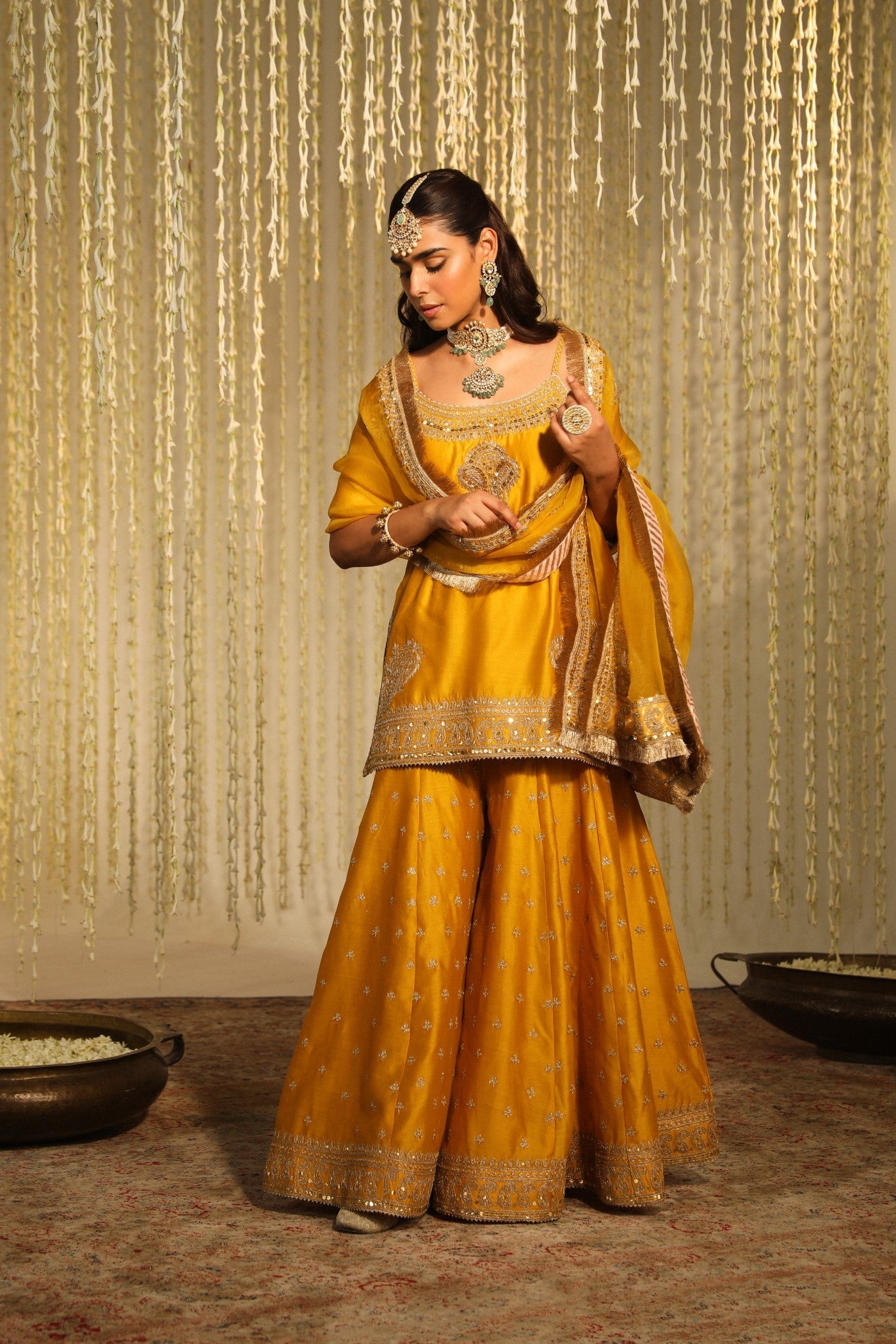 AABROO - GLAZE MUSTARD SHORT KURTA WITH SHARARA AND DUPATTA (LXRTS)