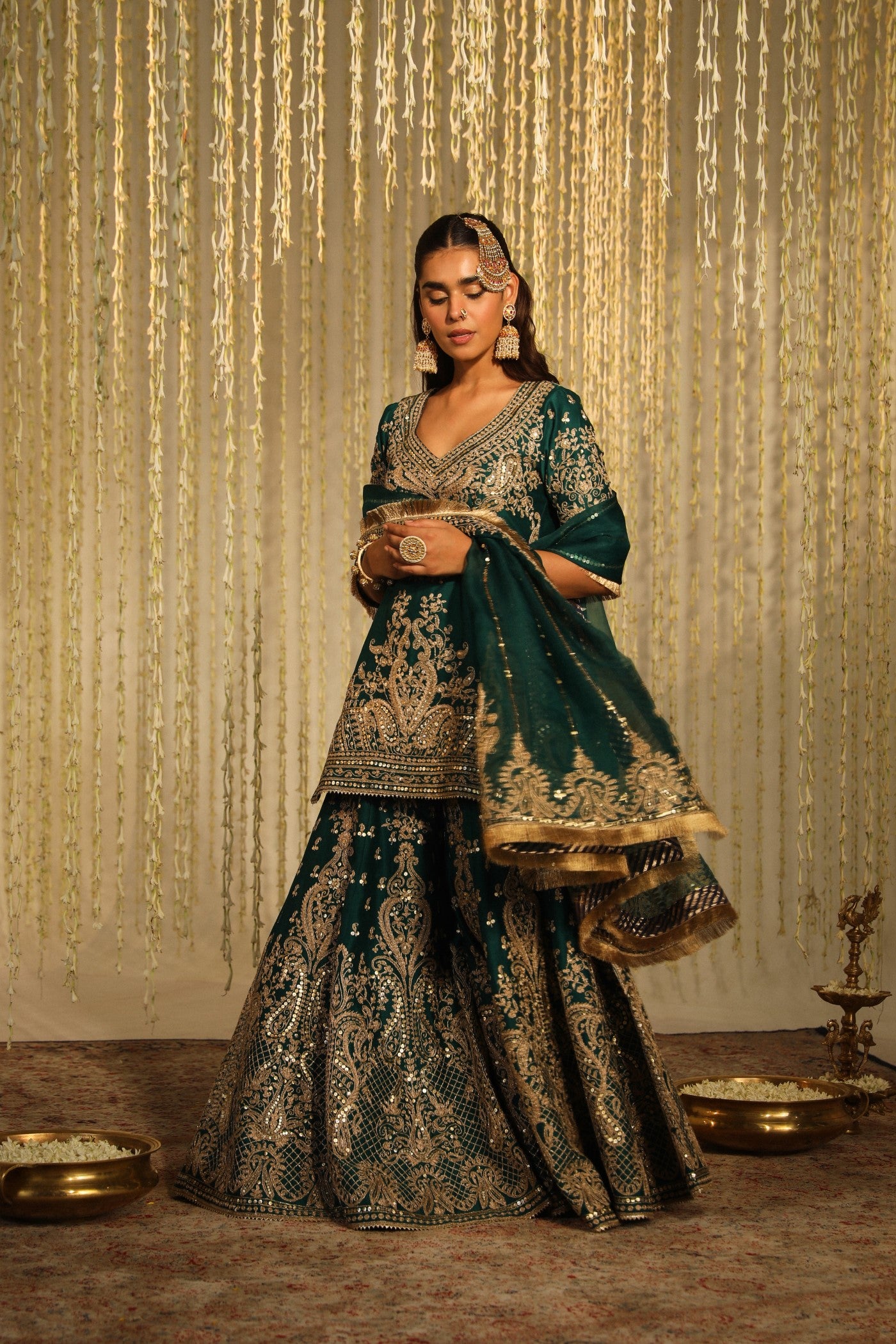 Aafiya - Emerald Green Chanderi Silk Sharara Set Online | Sheetal Batra Emerald Green / 3XL For Women | Sheetal Batra Aafiya - Emerald Green Chanderi Silk Sharara Set Online | Sheetal Batra Emerald Green / 3XL For Women | Sheetal Batra