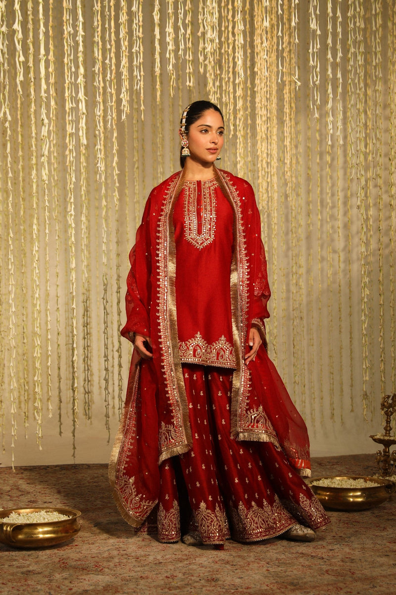 MISHIKA - DEEP RED KURTA WITH SHARARA AND DUPATTA (LXRTS)