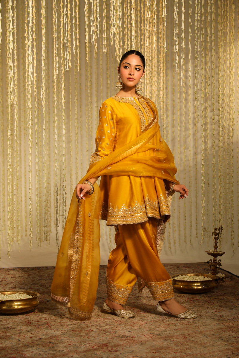 WARIZAH - Glaze Mustard SHORT ANARKALI WITH SALWAR AND DUPATTA