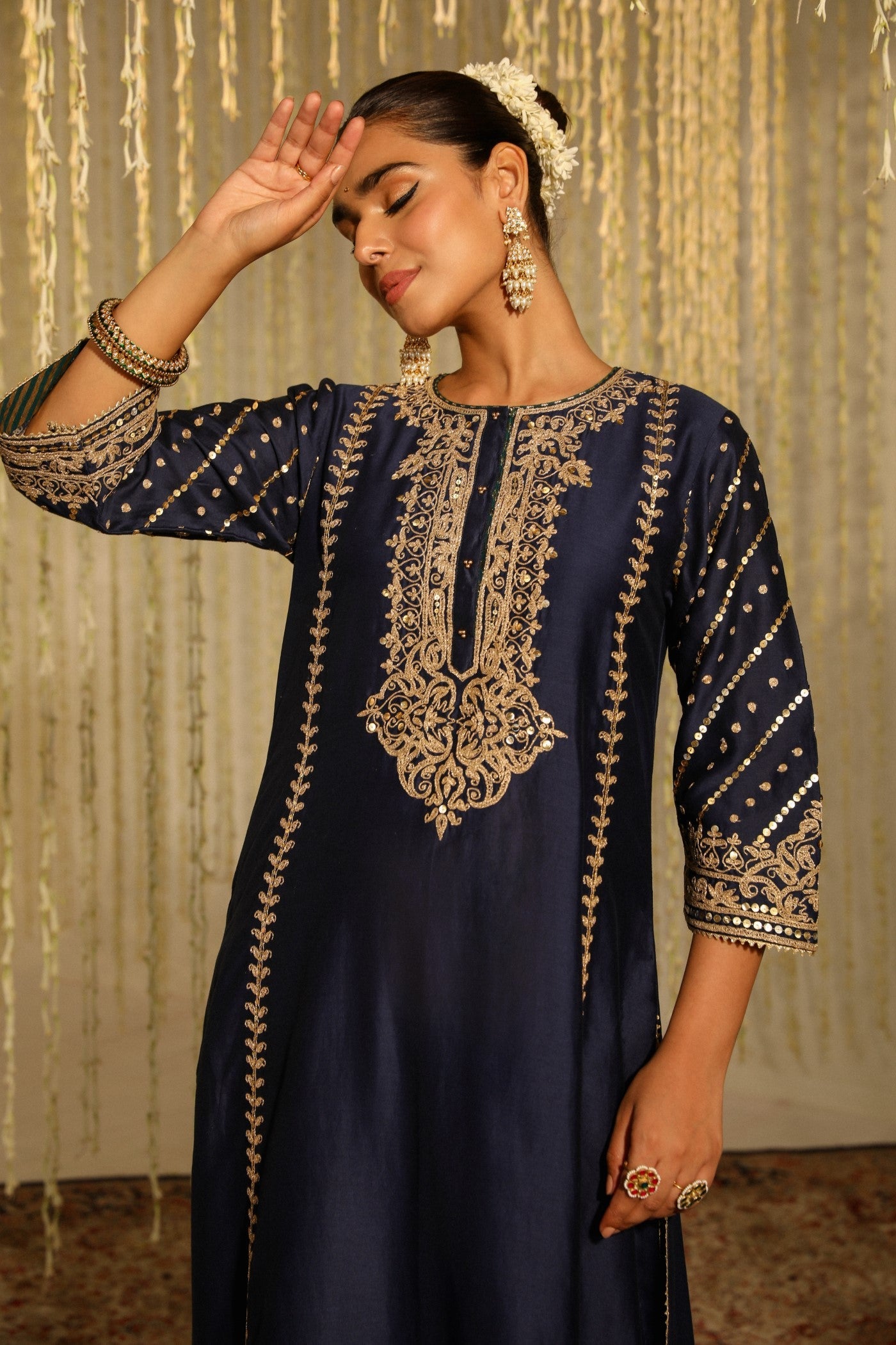 SABIRAH - DEEP BLUE LONG KURTA WITH PALAZZO AND DUPATTA (LXRTS)