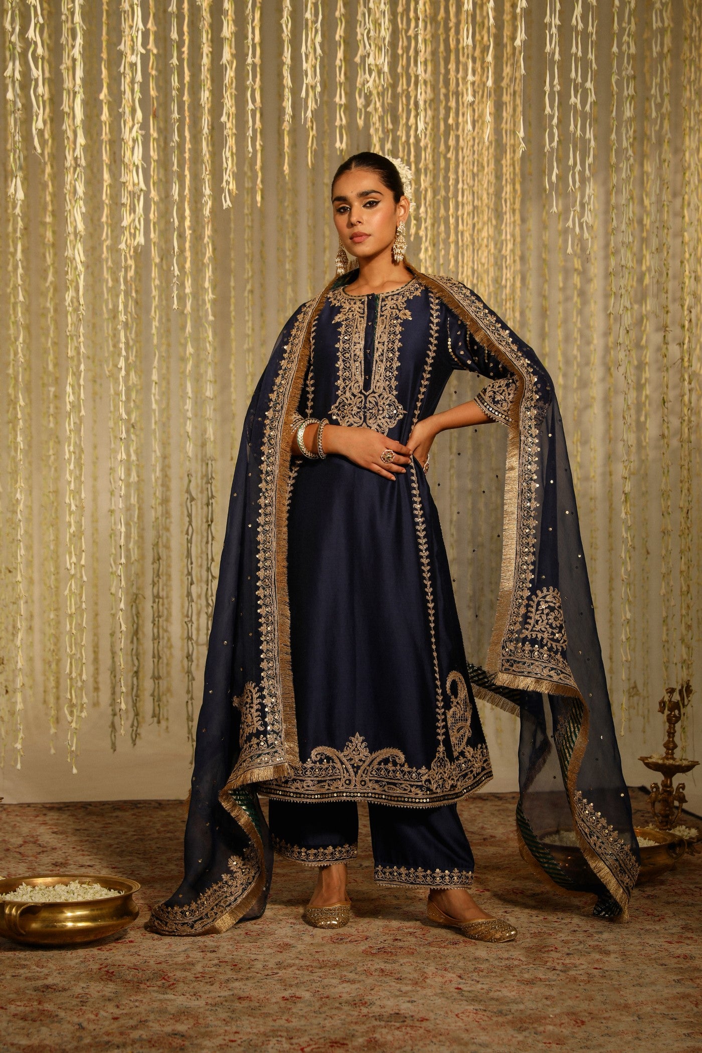 SABIRAH - DEEP BLUE LONG KURTA WITH PALAZZO AND DUPATTA