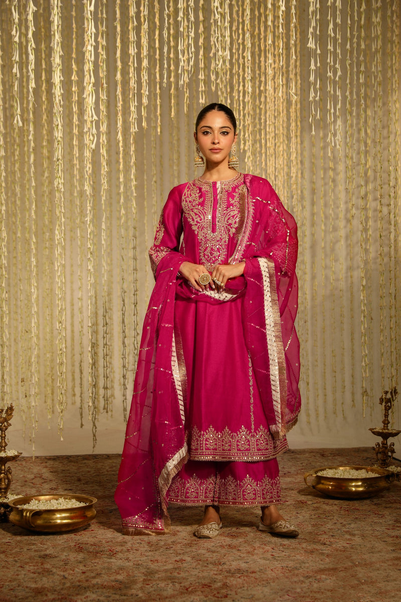 MAHIKA - Rani Hotpink LONG KURTA WITH PALAZZO AND DUPATTA