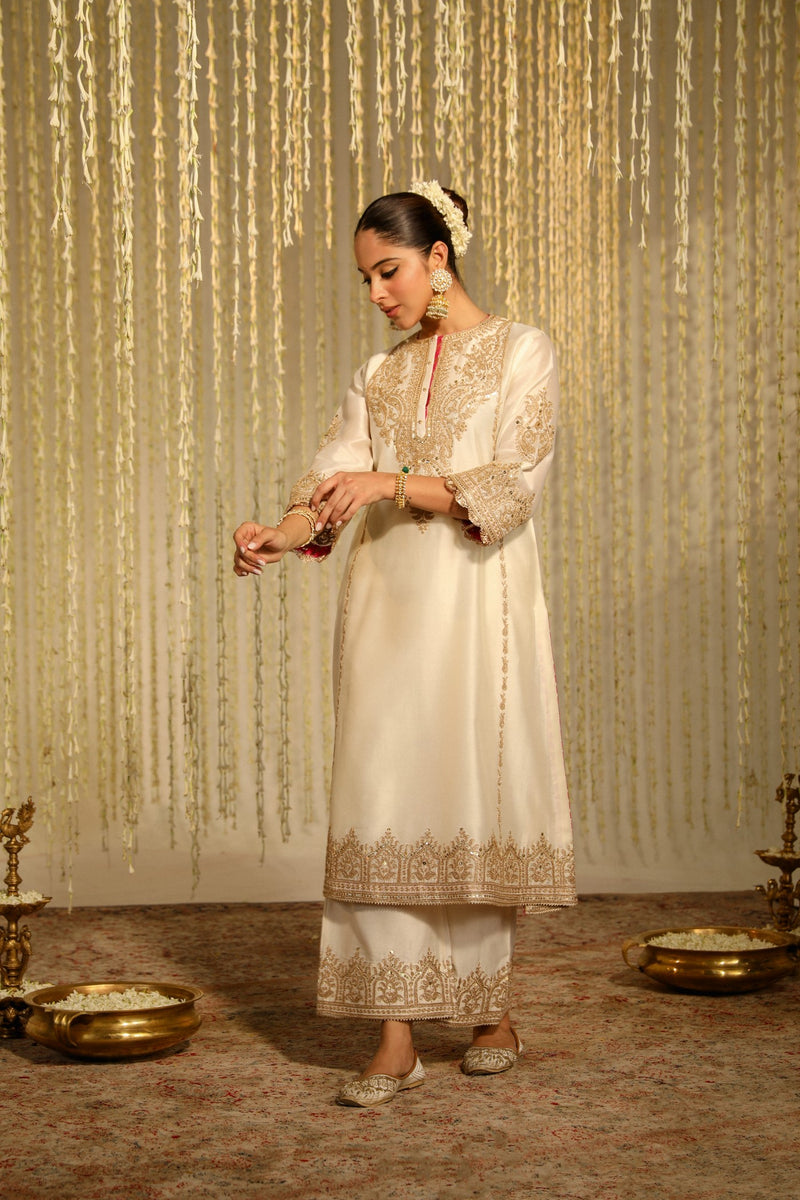 MAHIKA - DAISY IVORY LONG KURTA WITH PALAZZO AND DUPATTA