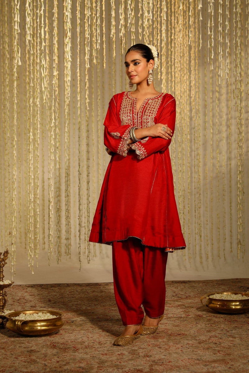 MEHREEN - DEEP RED SHORT CHOGA WITH SALWAR