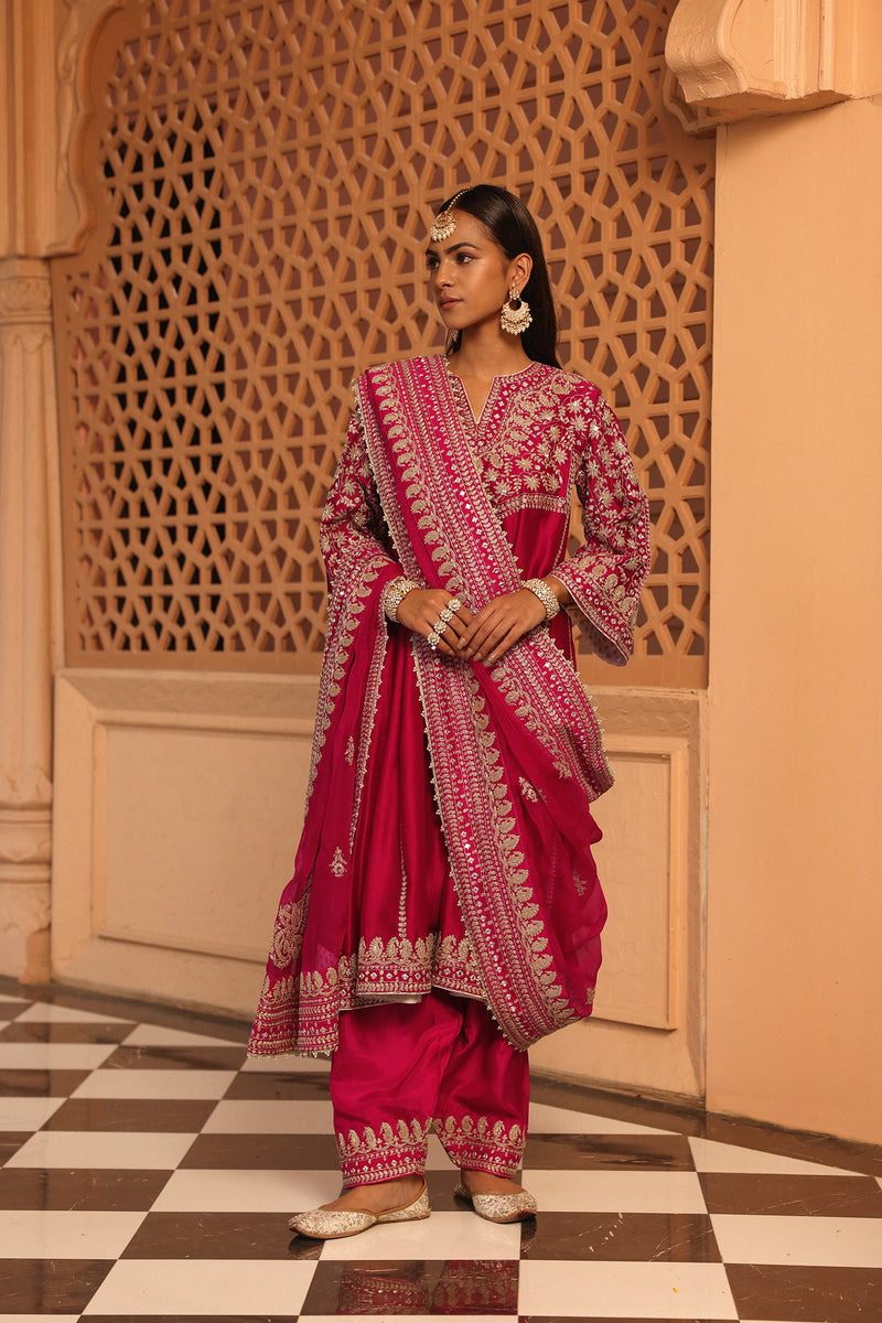 Aiman - Rani Hotpink Short Knee Length Choga with Salwar and Khada Dupatta