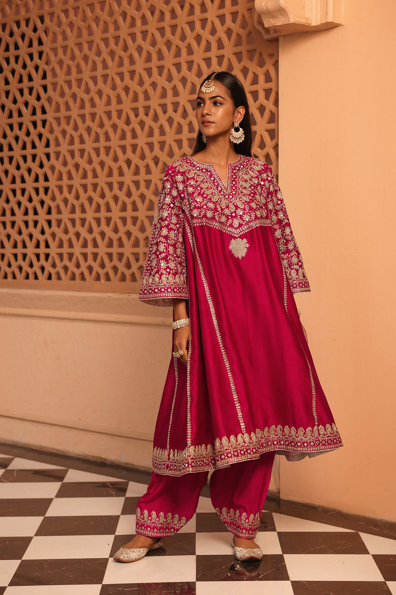Aiman - Rani Hotpink Short Knee Length Choga with Salwar and Khada Dupatta