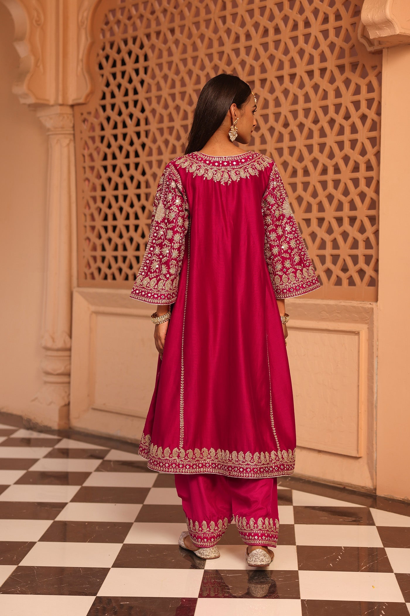 Aiman - Hotpink Short Knee Length Choga with Salwar and Odhni (Lxrts)