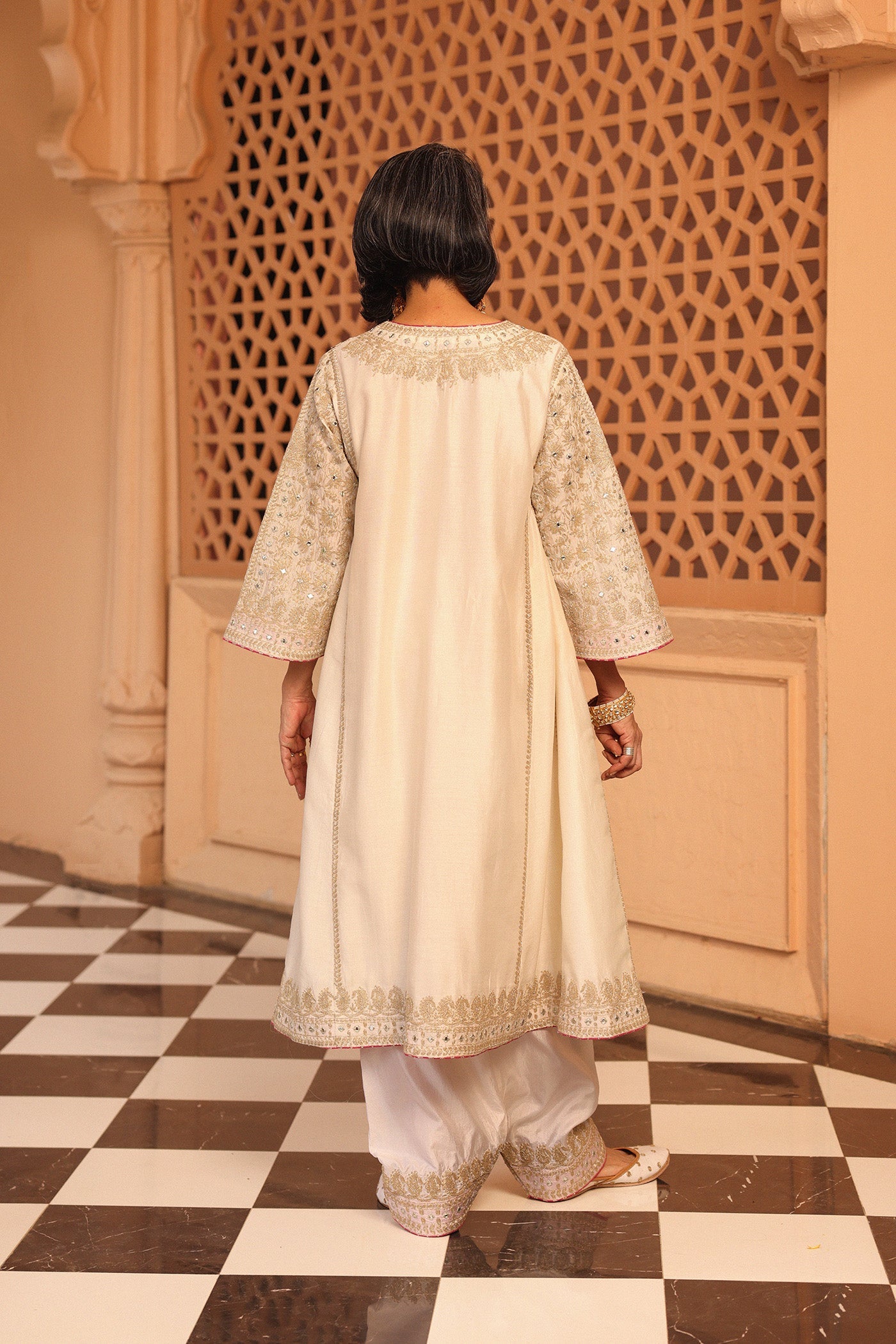 Aiman - Daisy Ivory Short Knee Length Choga with Salwar and Odhni (Lxrts)
