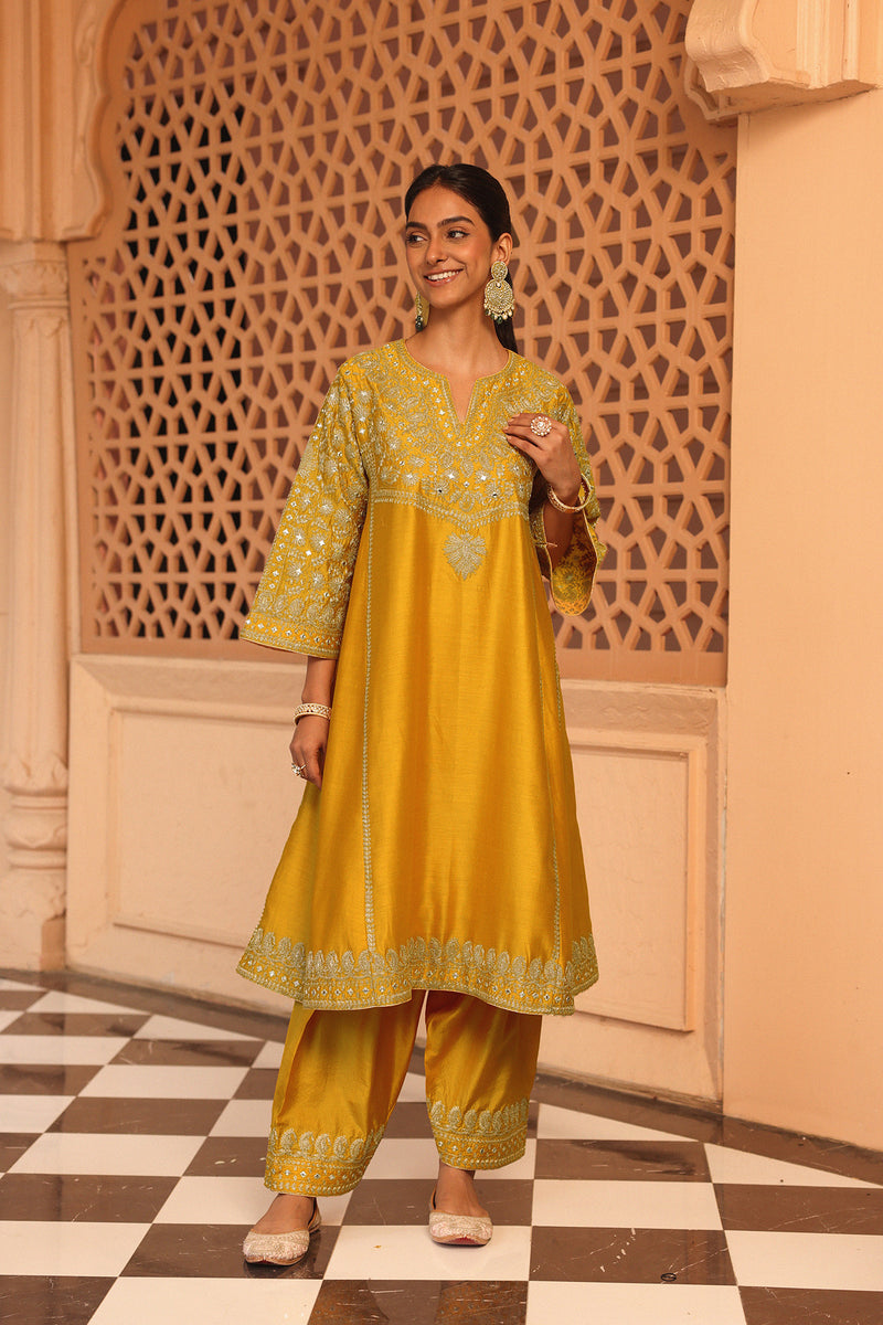 Aiman - Heirloom Mustard Short Knee Length Choga with Salwar and Odhni