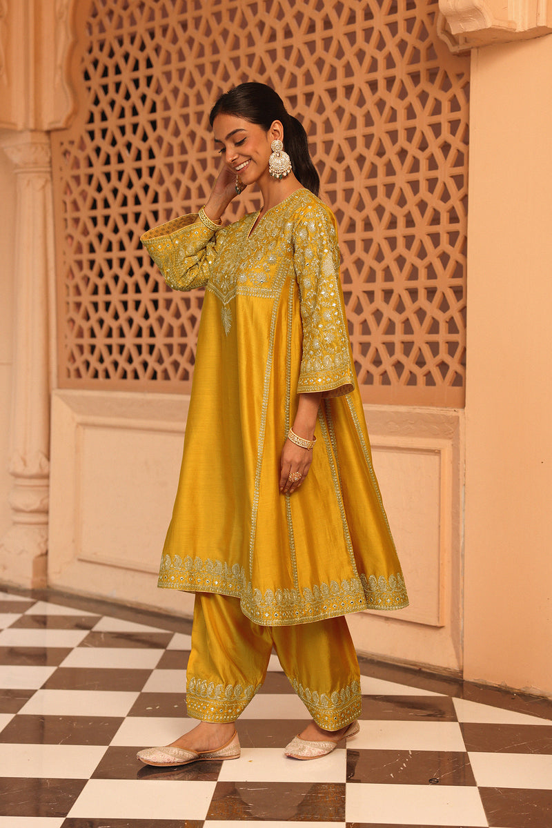 Aiman - Heirloom Mustard Short Knee Length Choga with Salwar