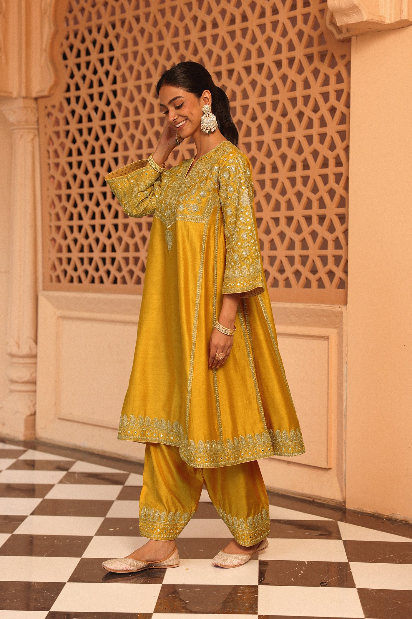 Aiman - Mustard Short Knee Length Choga with Salwar (Lxrts)