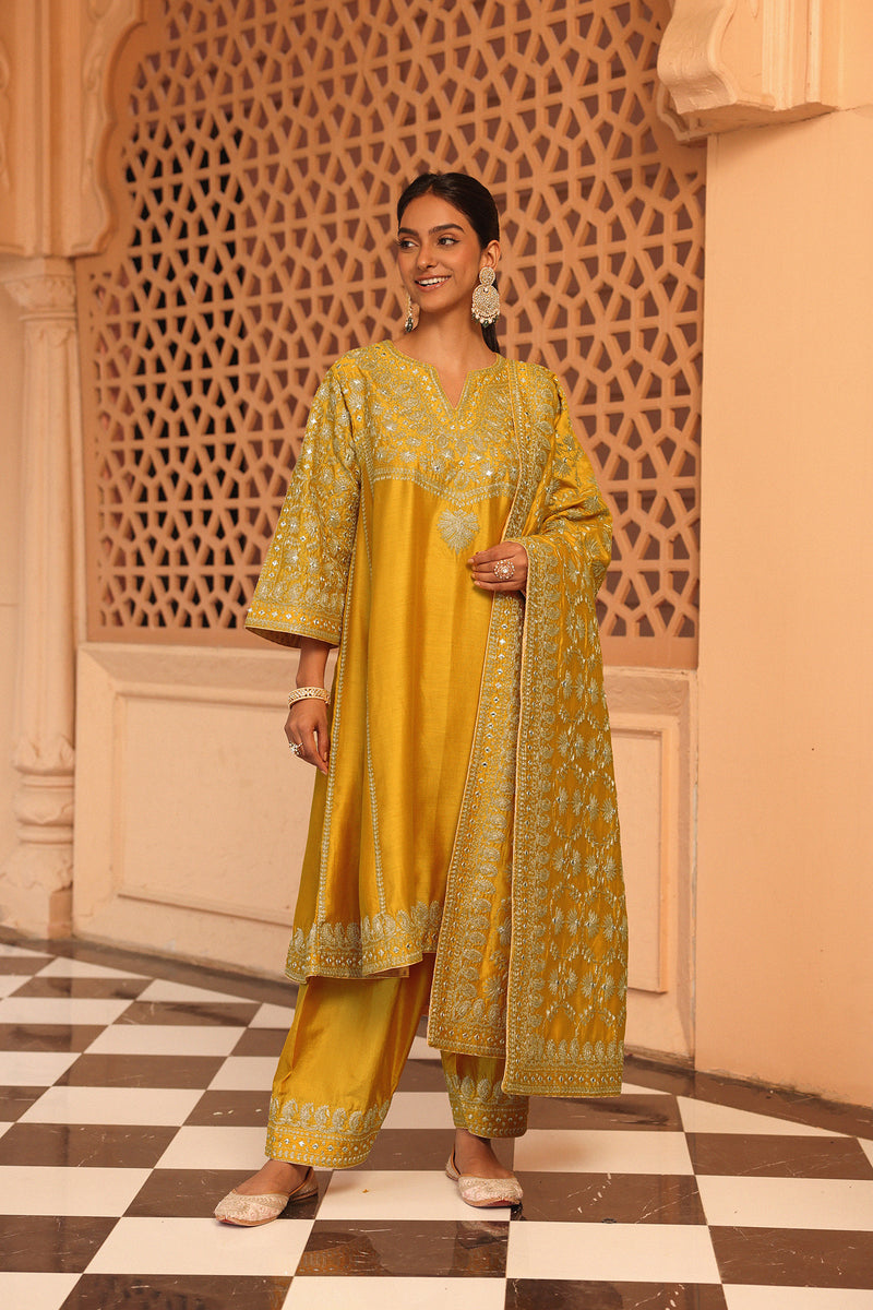 Aiman - Heirloom Mustard Short Knee Length Choga with Salwar and Odhni