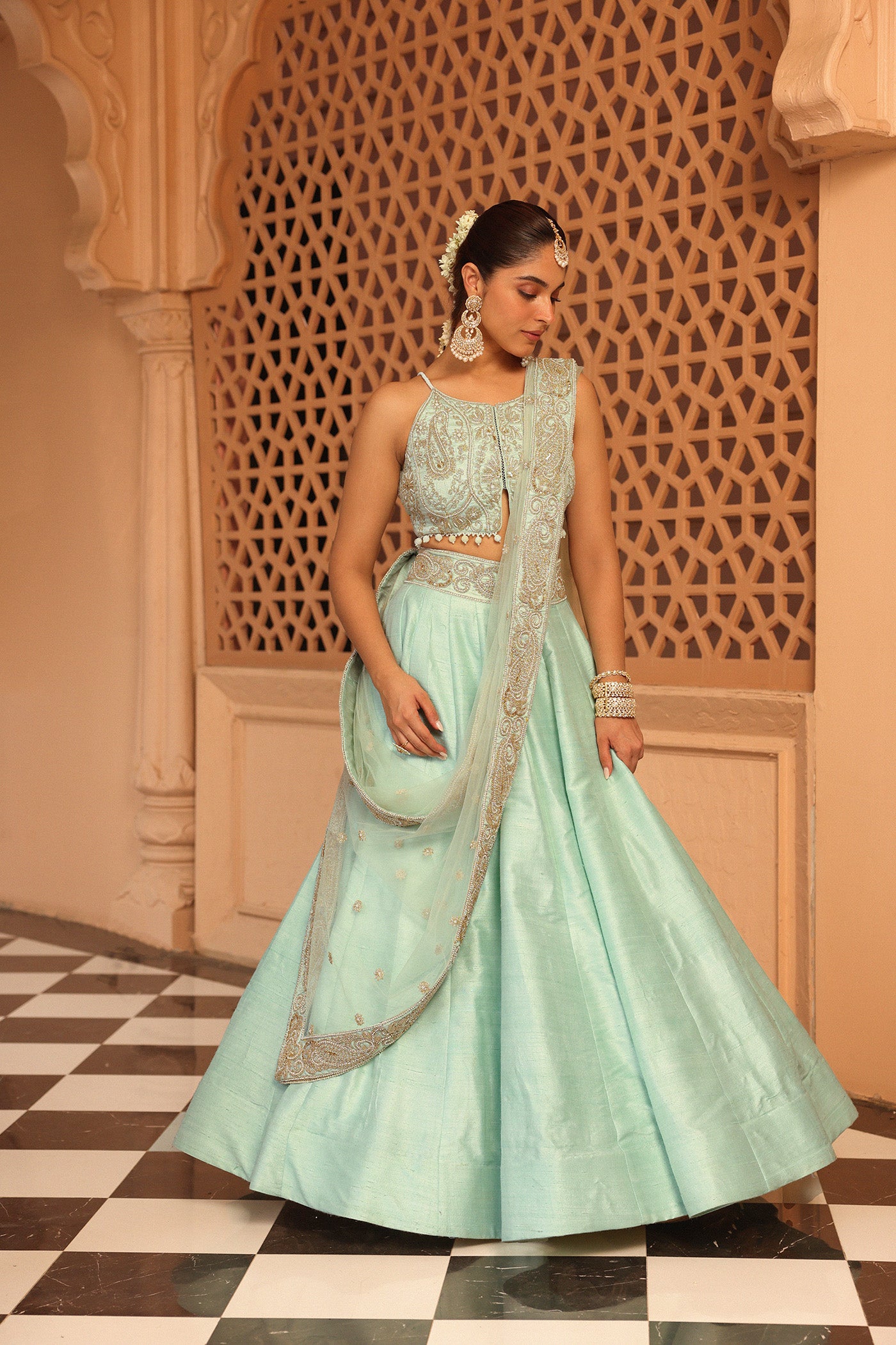 Afsa - Misty Green Lehenga with Blouse and Dupatta