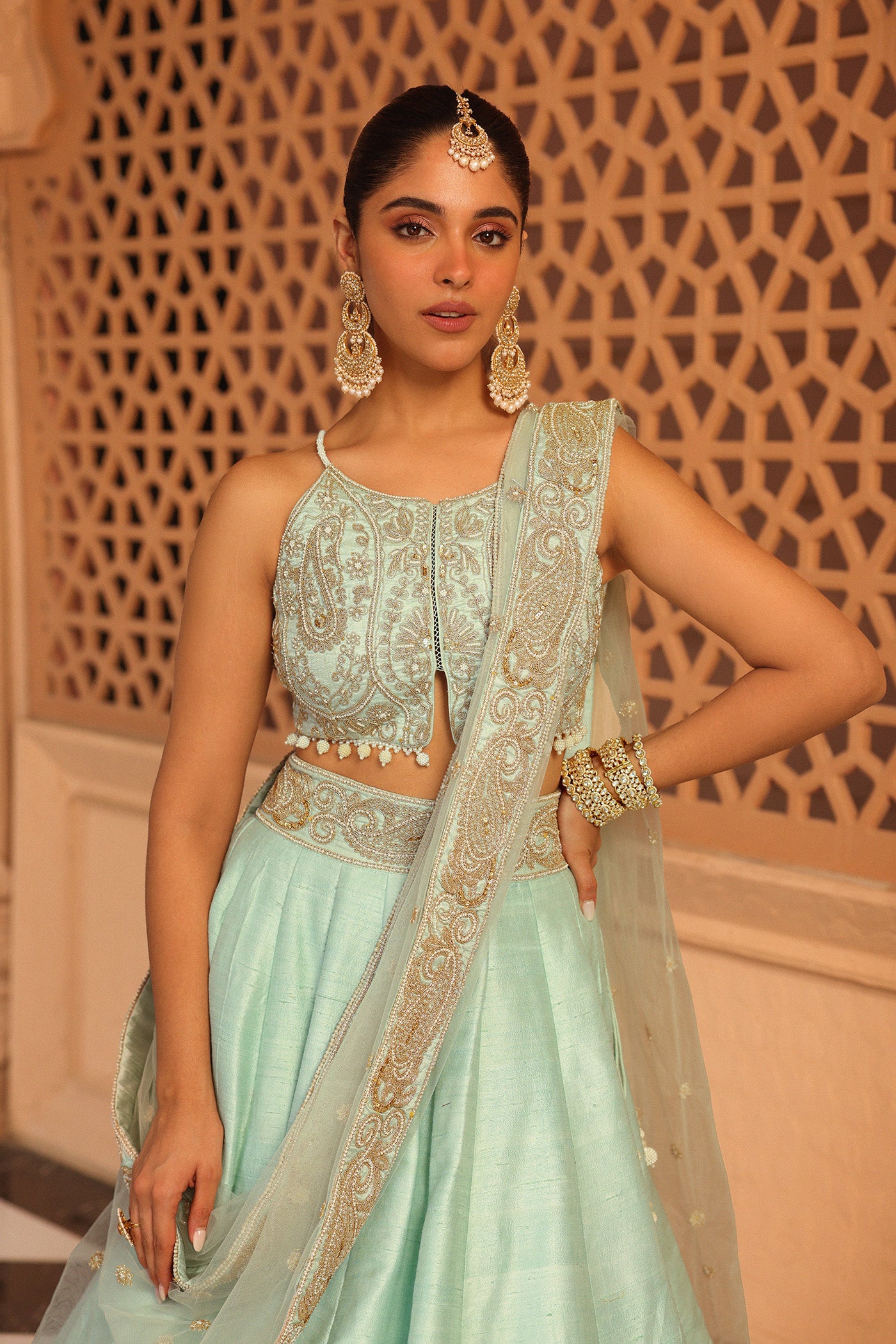 Afsa - Misty Green Lehenga with Blouse and Dupatta