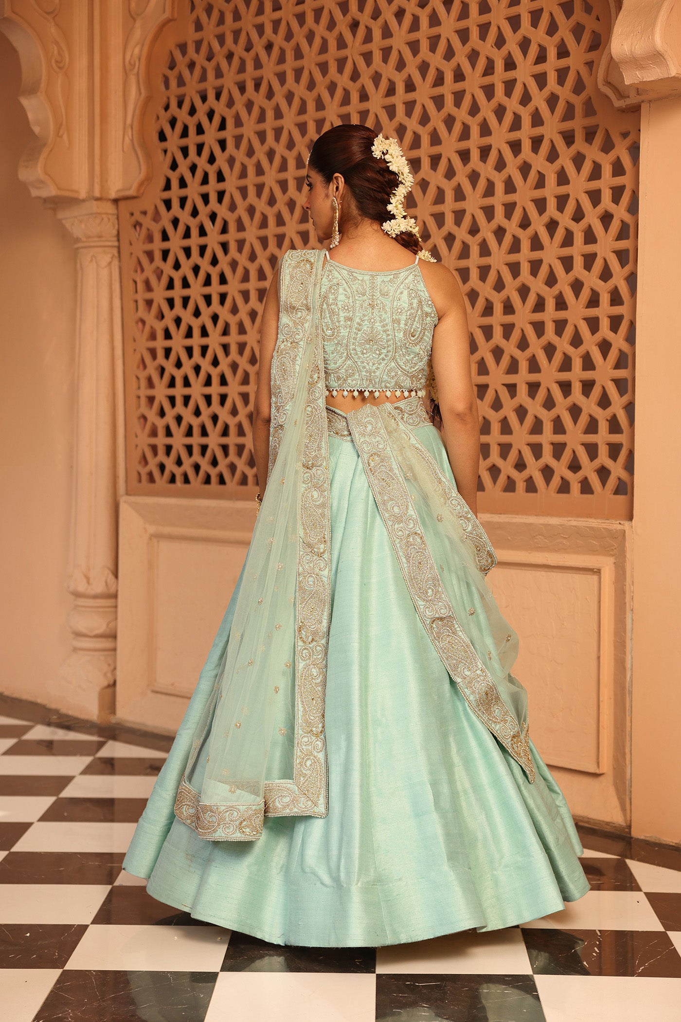 Afsa - Misty Green Lehenga with Blouse and Dupatta