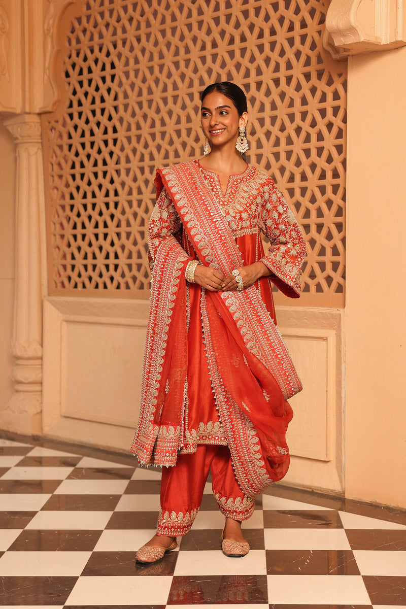 Aiman - Burnt Orange Short Knee Length Choga with Salwar and Khada Dupatta