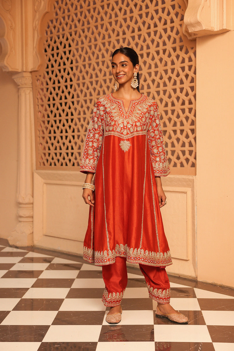 Aiman - Burnt Orange Short Knee Length Choga with Salwar