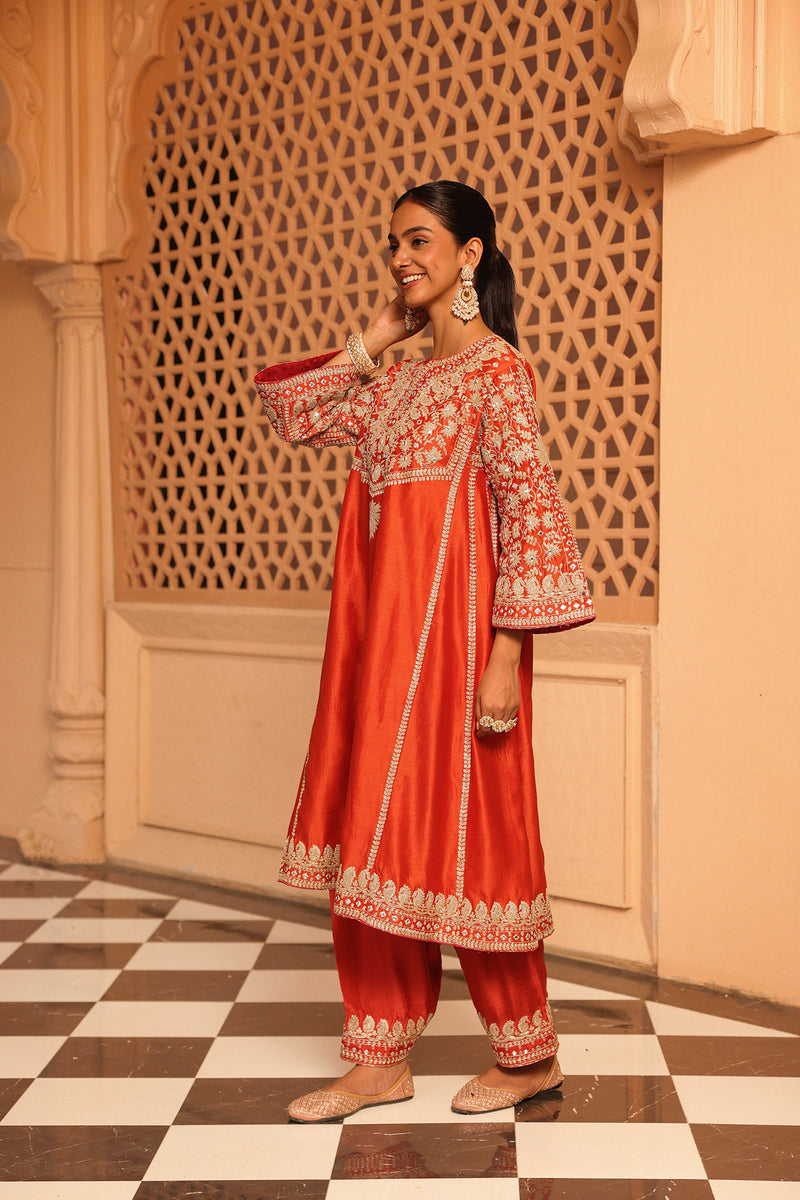 Aiman - Burnt Orange Short Knee Length Choga with Salwar