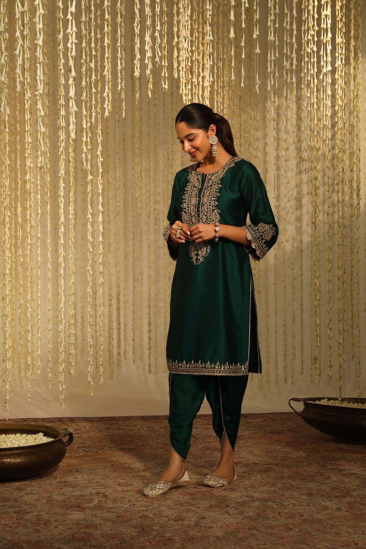 AMAYRA - EMERALD GREEN SHORT KURTA WITH DHOTI (LXRTS)