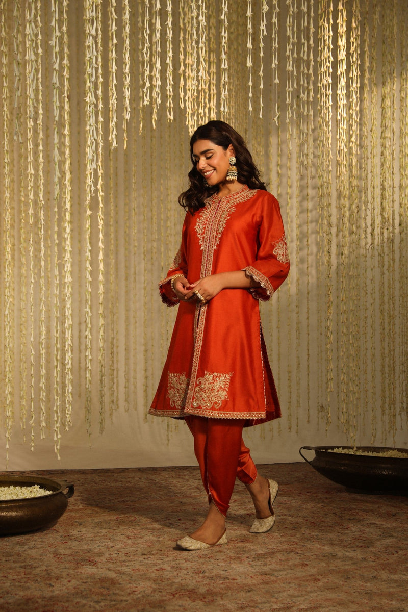 GULBANO - BURNT ORANGE SHORT KURTA WITH DHOTI (LXRTS)