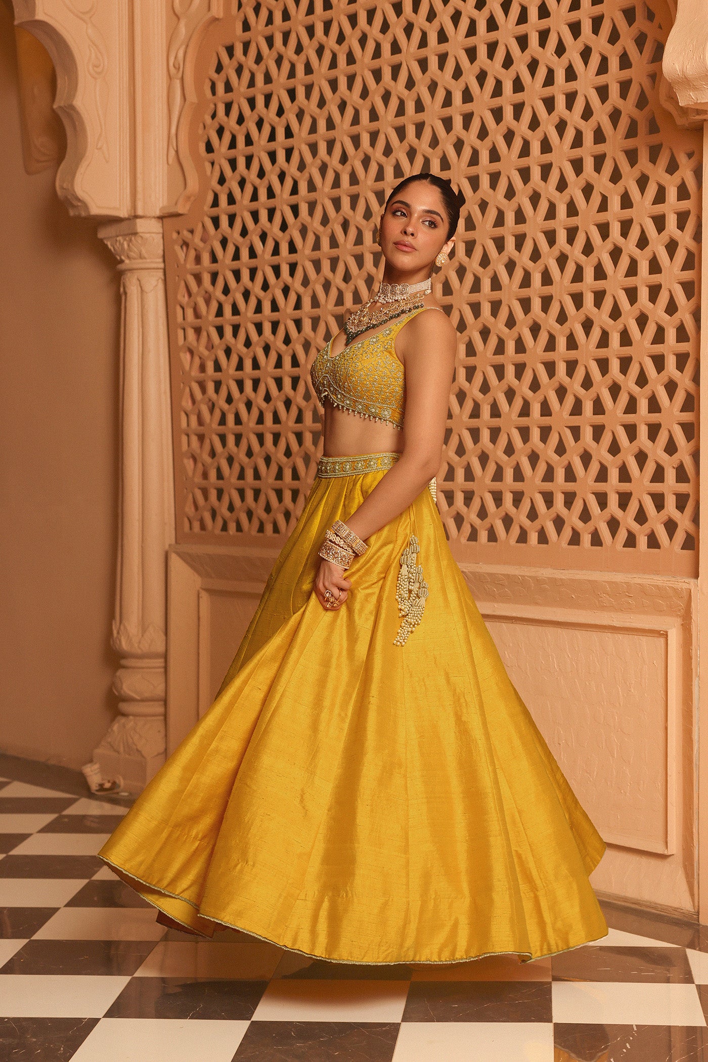 Mazhum - Mustard Lehenga with Blouse and Dupatta