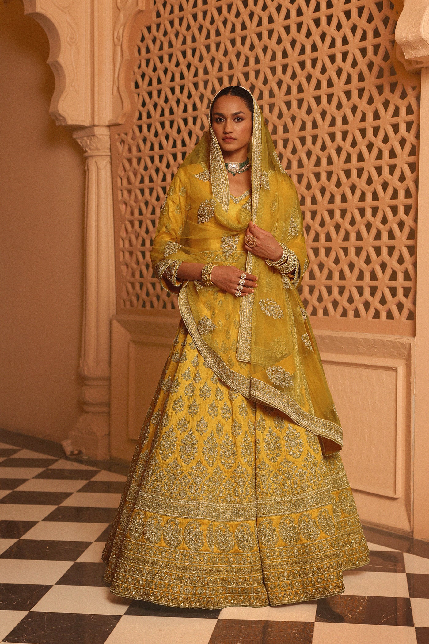 Noorali - Mustard Lehenga with Choli and Dupatta