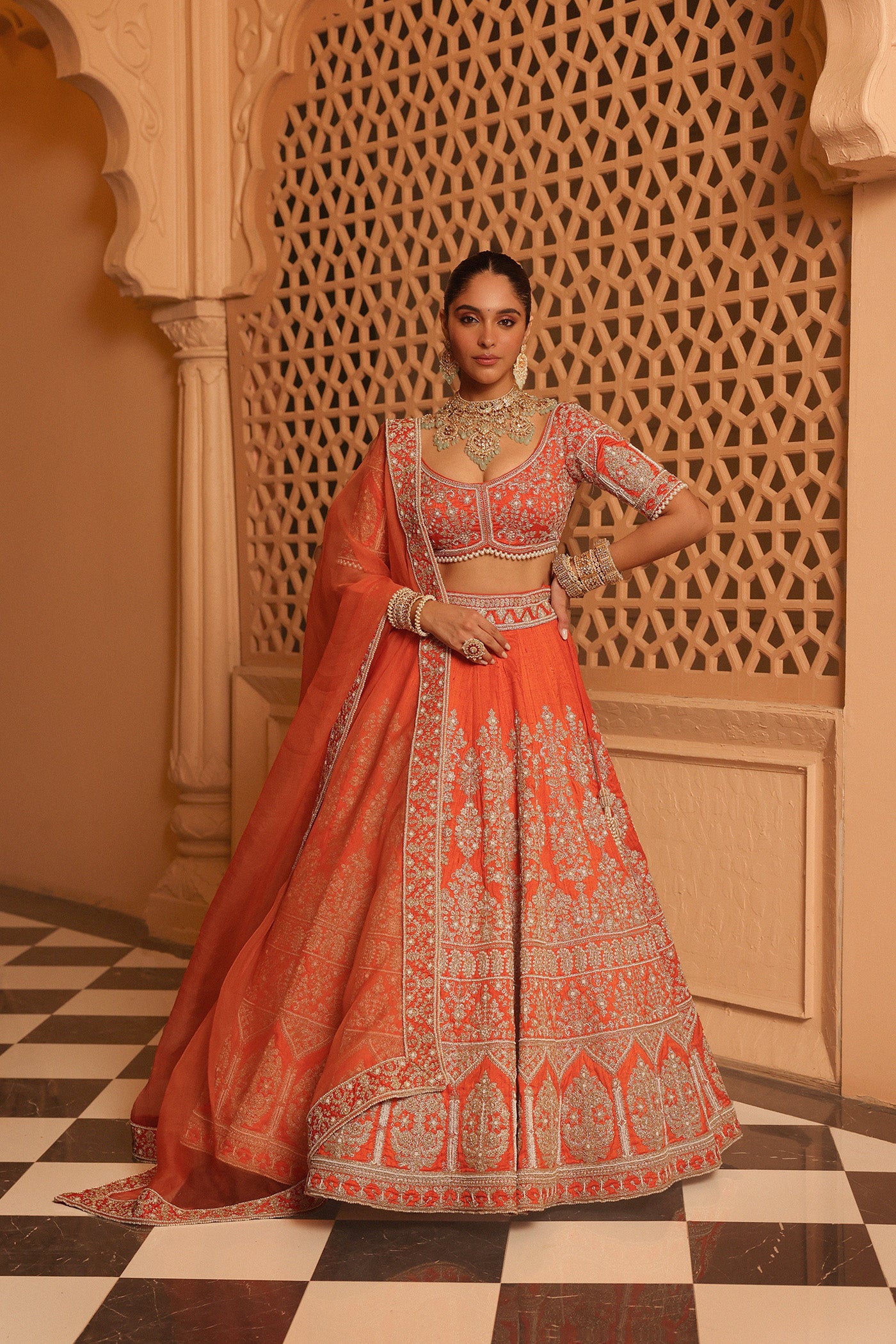 Faizah - Orange Lehenga with Blouse and Dupatta