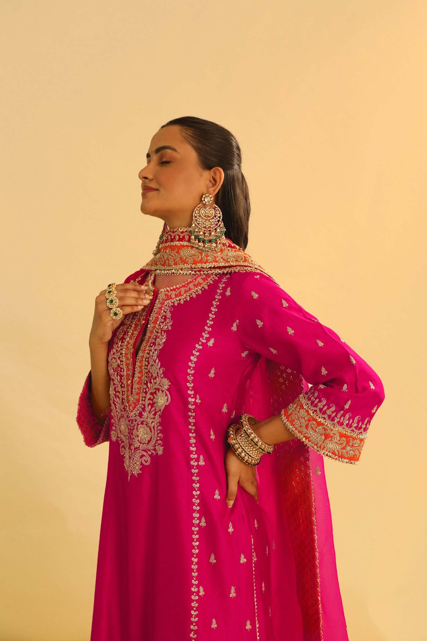 Mayra - Hotpink Long Kurta with Palazzo & Dupatta