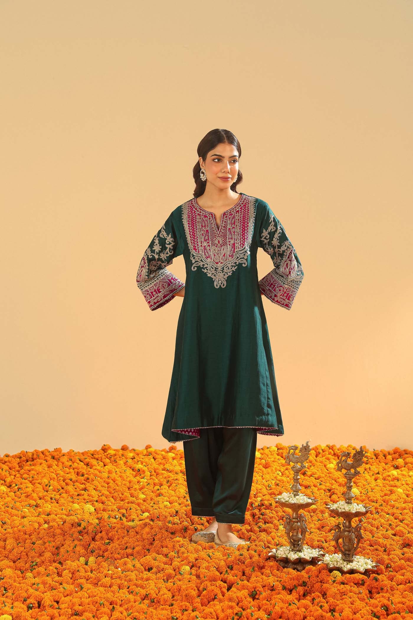 Mohsina - Emerald Green Short Kalidaar Chauga with Salwar (RTS)