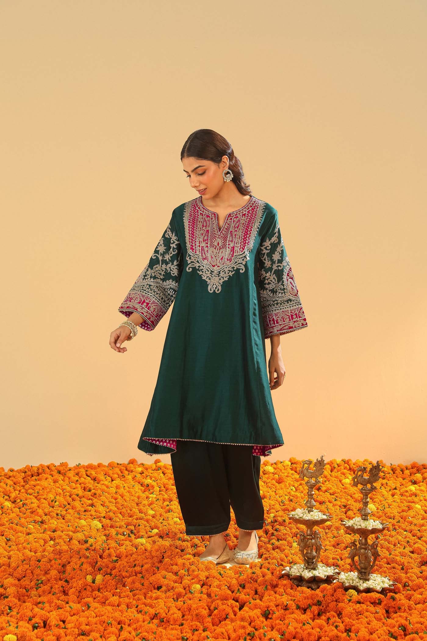 Mohsina - Emerald Green Short Kalidaar Chauga with Salwar