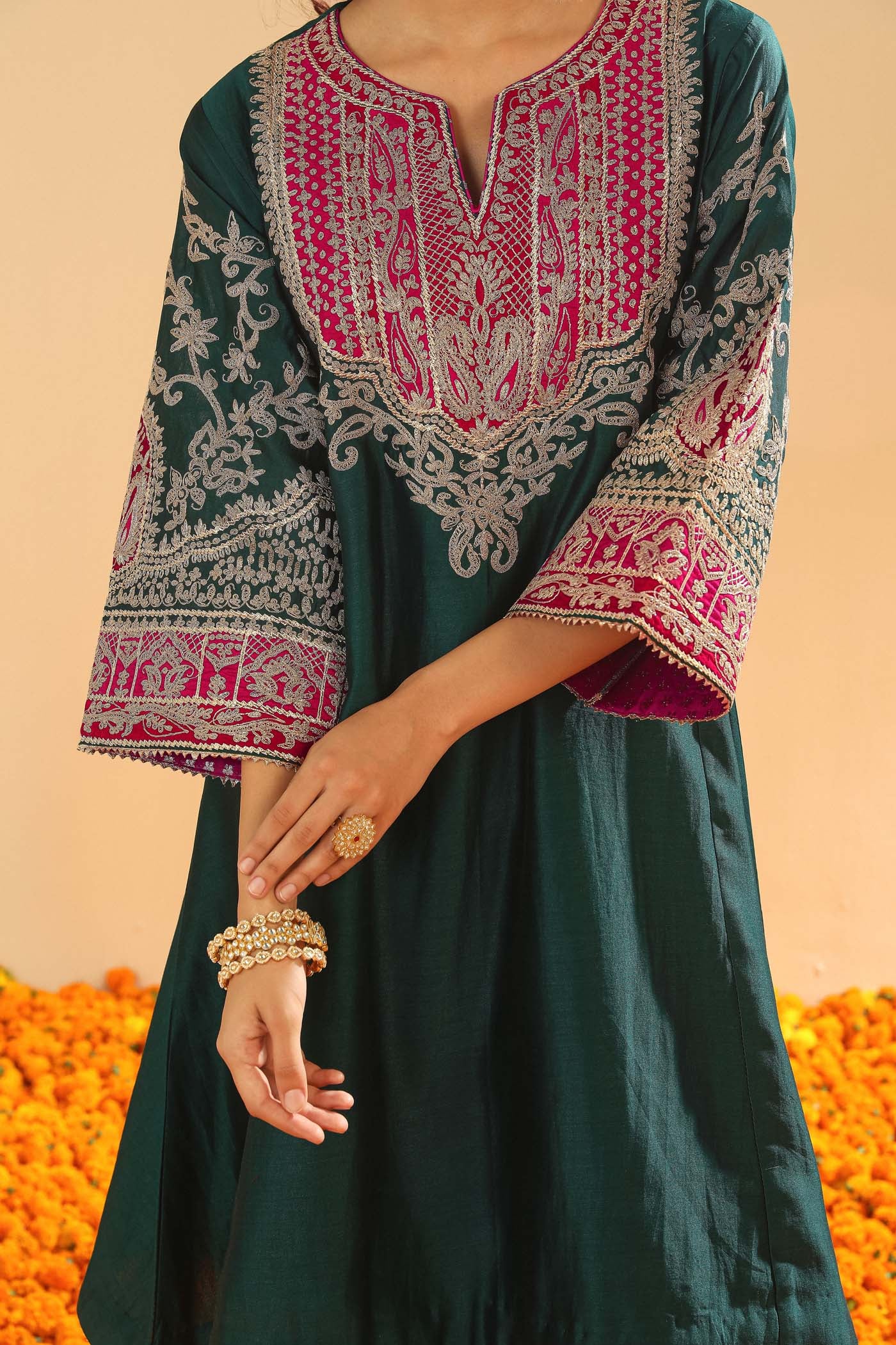 Mohsina - Emerald Green Short Kalidaar Chauga with Salwar