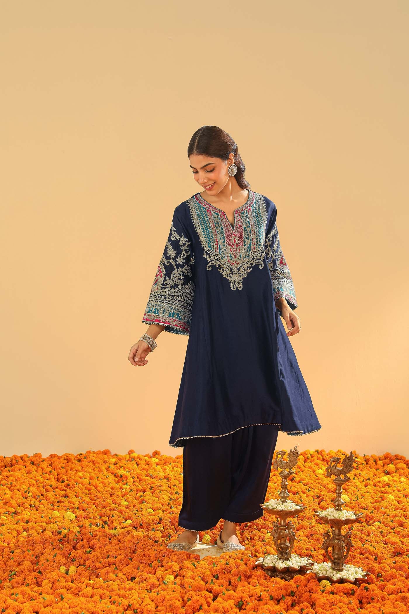 Mohsina - Dark Blue Short Kalidaar Chauga with Salwar