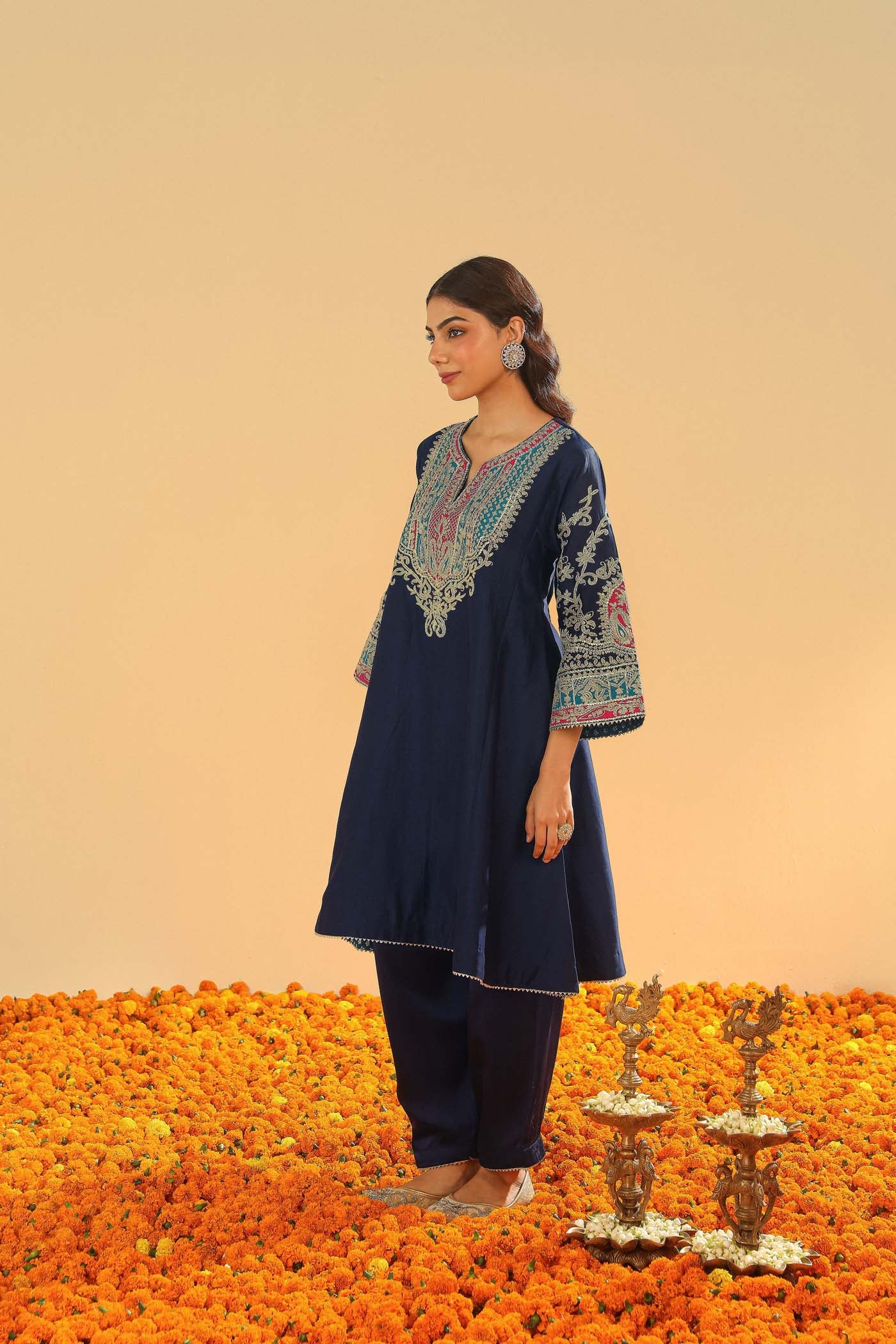 Mohsina - Dark Blue Short Kalidaar Chauga with Salwar