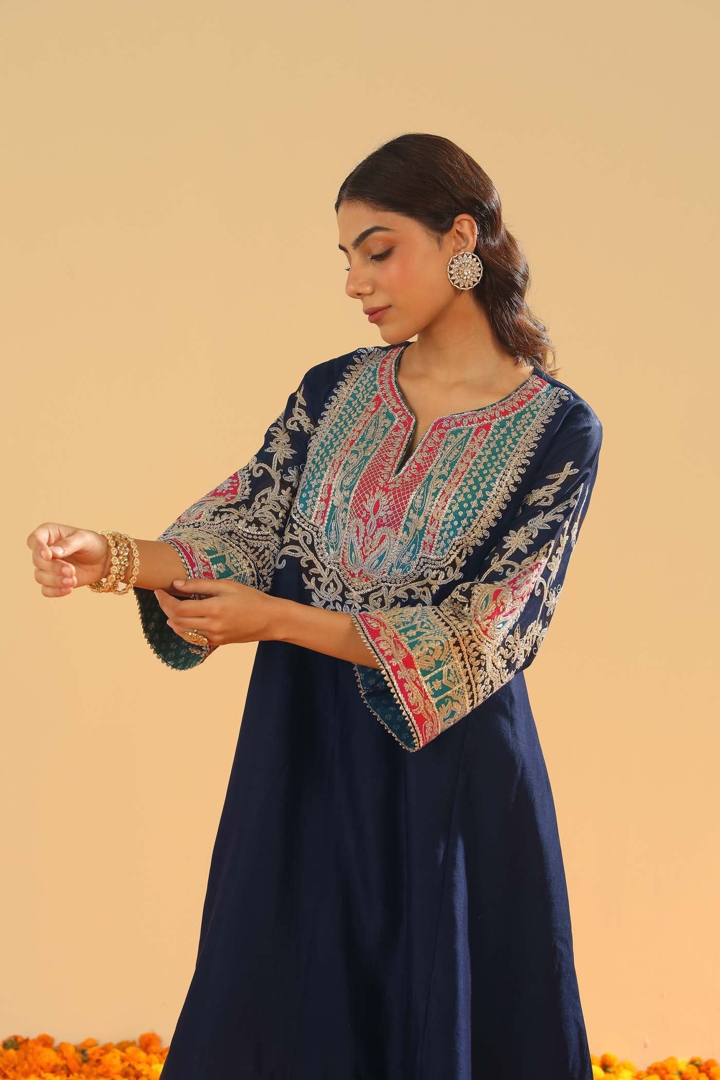 Mohsina - Dark Blue Short Kalidaar Chauga with Salwar