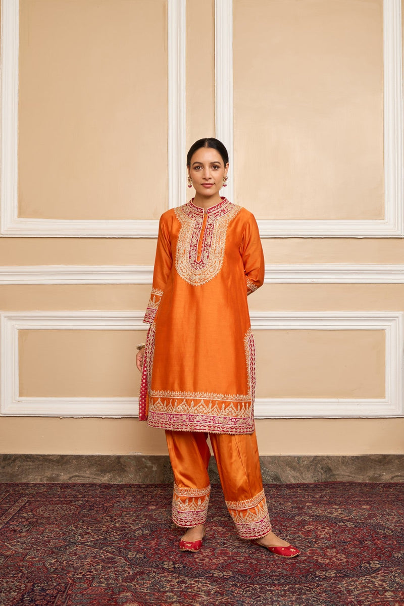 AFSAANA - ORANGE SHORT KURTA WITH SALWAR AND DUPATTA (LXRTS)