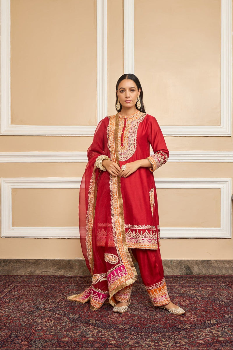 AFSAANA - DEEP RED SHORT KURTA WITH SALWAR AND DUPATTA (LXRTS)