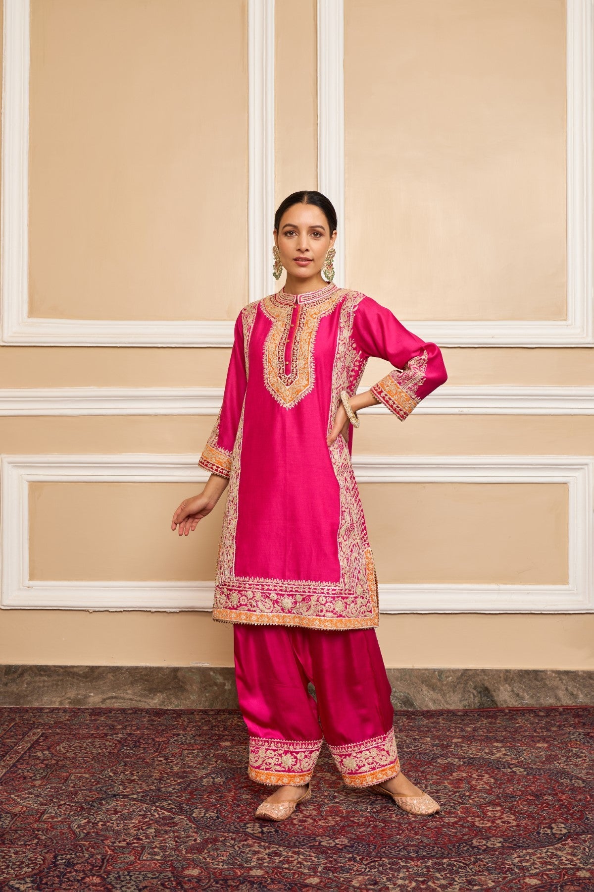 NAAYAAB - Rani Hotpink SHORT KURTA WITH SALWAR AND DUPATTA (LXRTS)