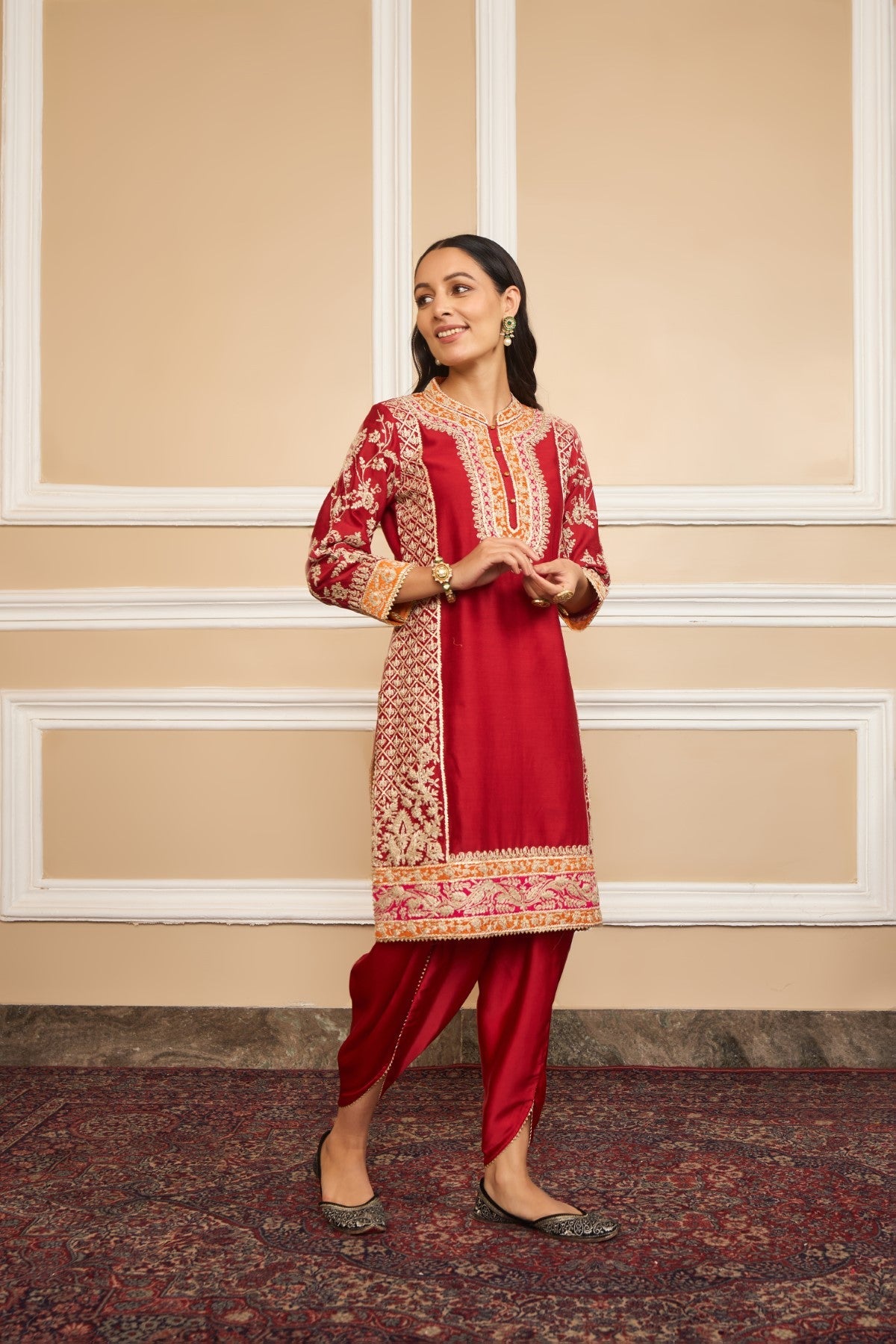MEHNOOR - DEEP RED KURTA WITH DHOTI (LXRTS)