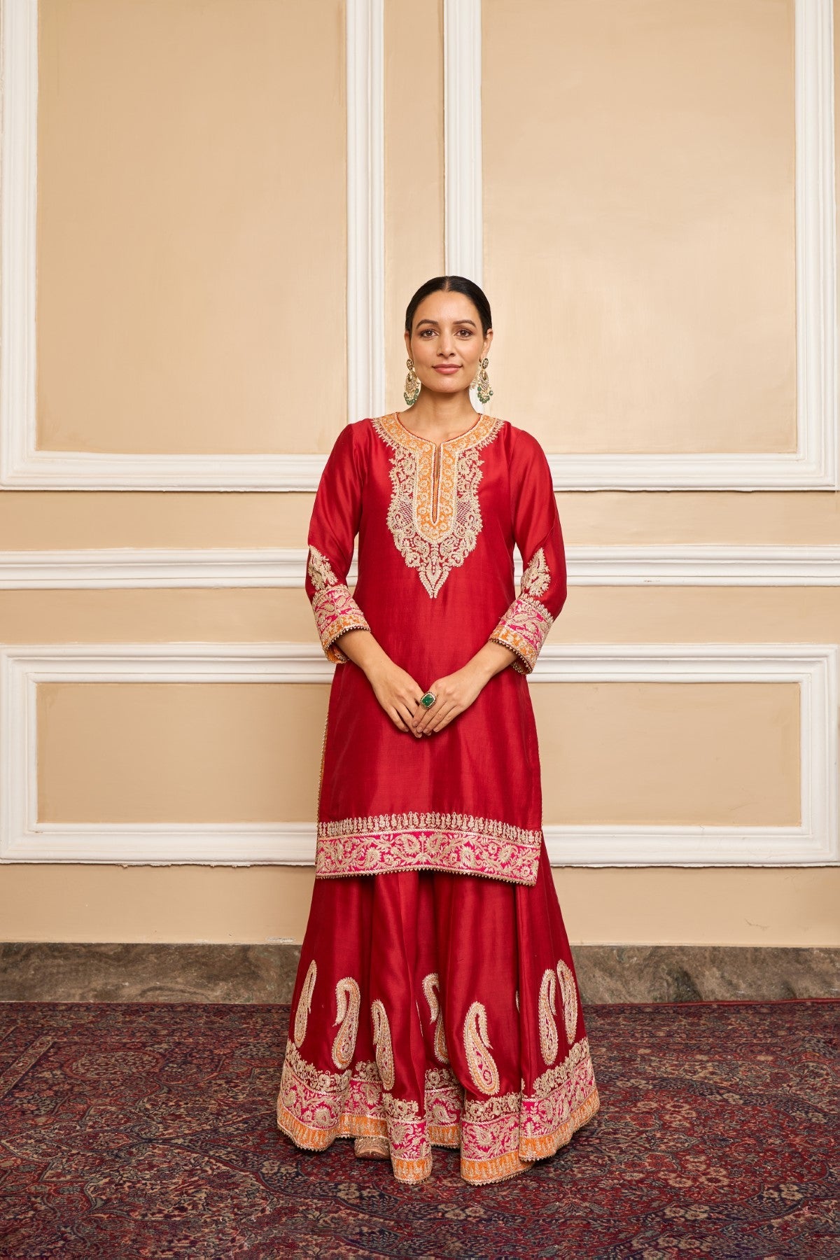 AMIRA - DEEP RED SHORT KURTA WITH SHARARA AND ODHNI (LXRTS)