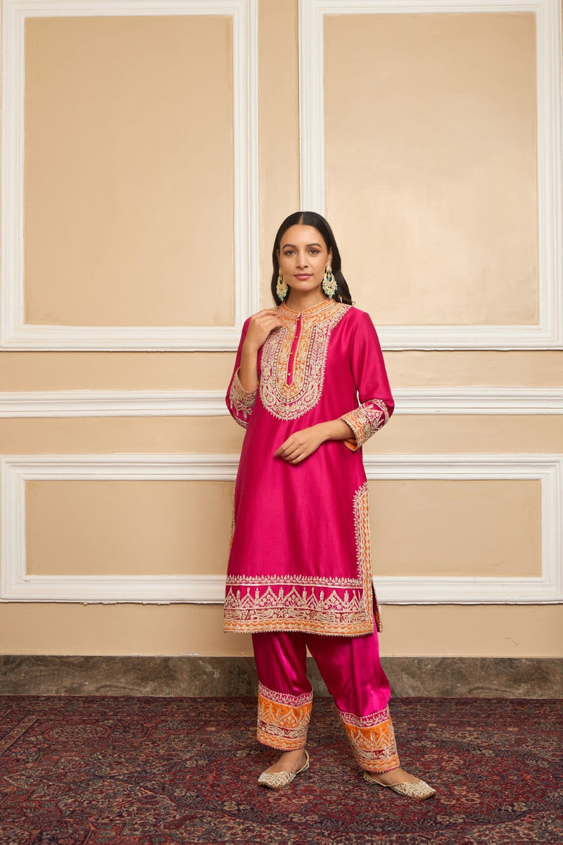 AFSAANA - RANI HOTPINK SHORT KURTA WITH SALWAR AND DUPATTA (LXRTS)
