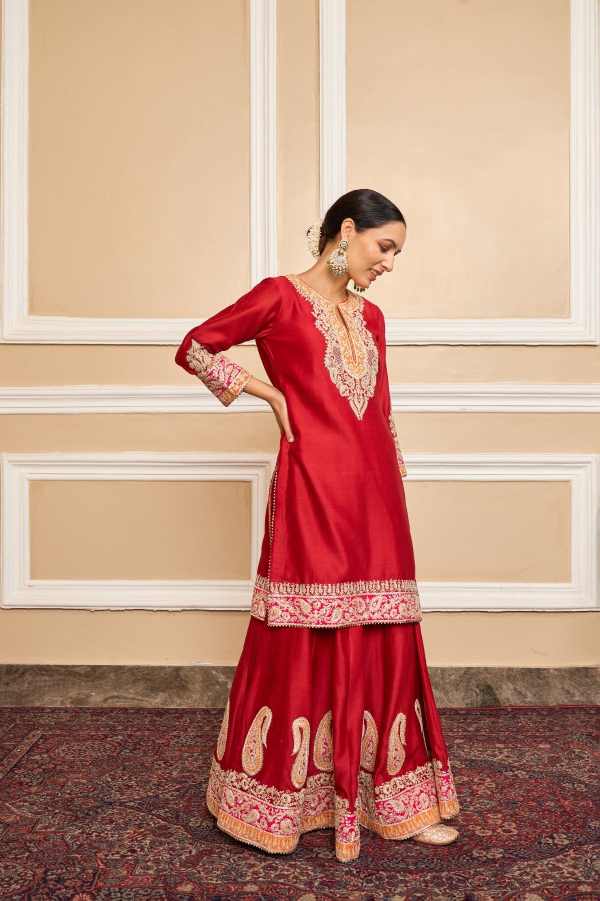 AMIRA - DEEP RED SHORT KURTA WITH SHARARA AND ODHNI (LXRTS)