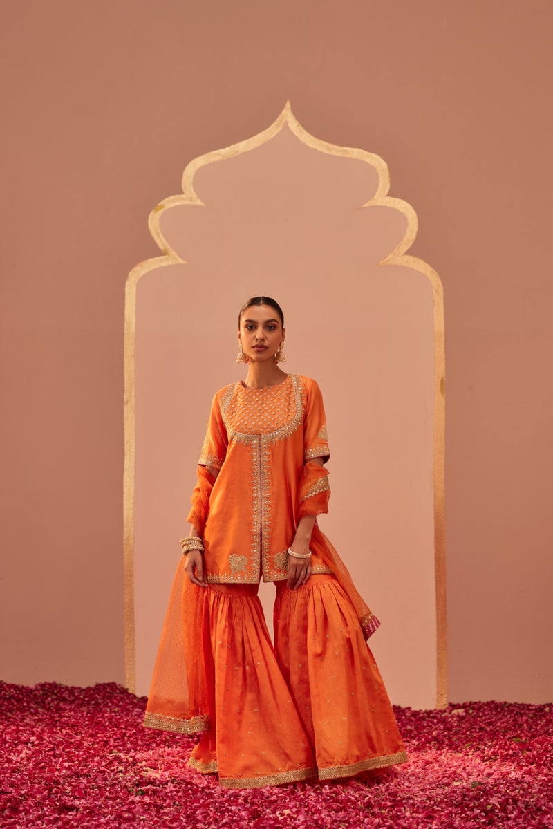 Suhair - Tangerine Orange Kurta Garara Set