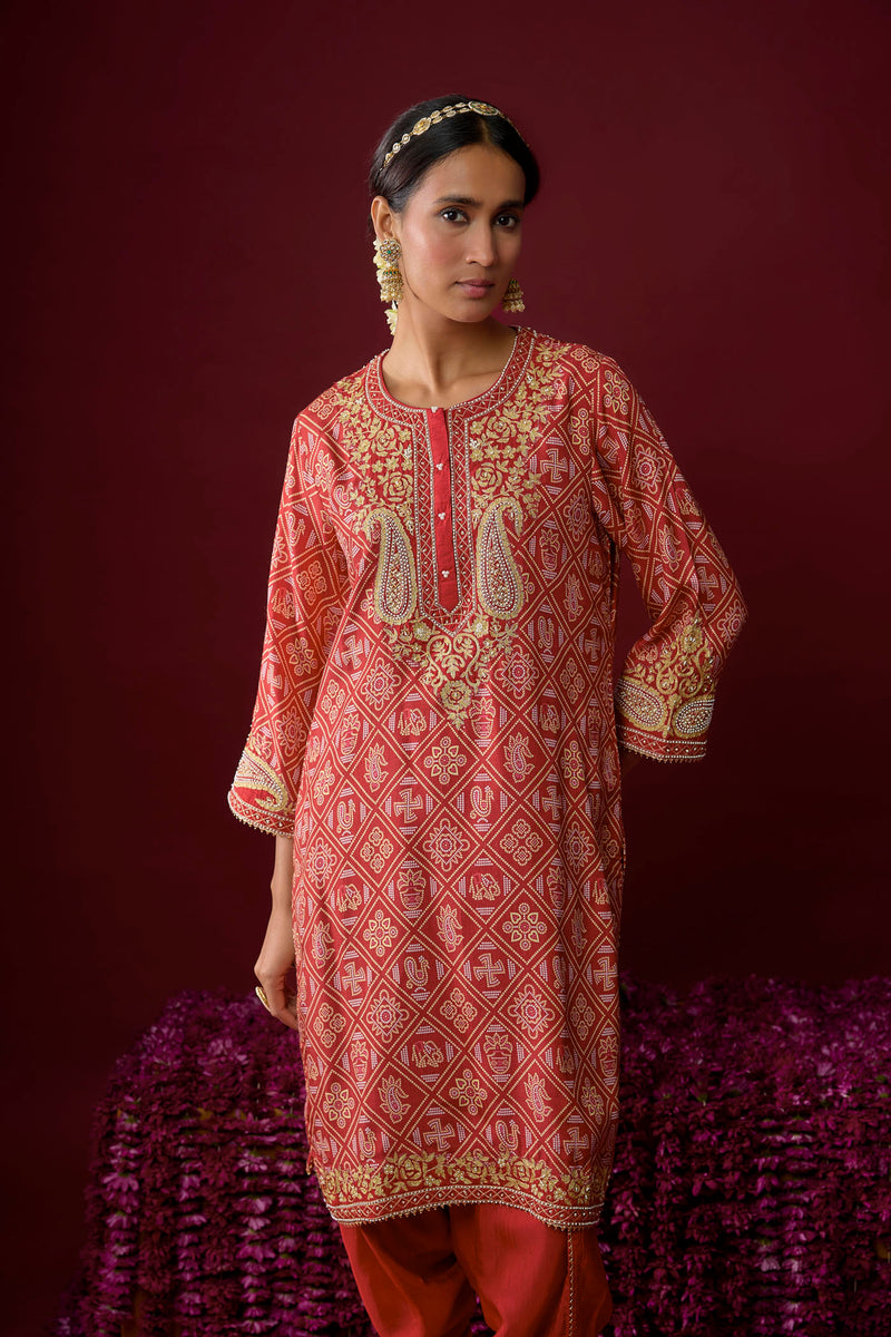 Rafiyah - Deep Red Short Kurta With Dhoti (RTS)